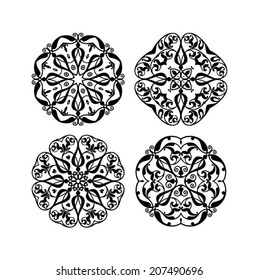 Abstract flowers, italian floral element, hand drawn design element, set of 4, isolated on white, vector