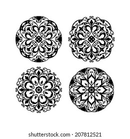 Abstract flowers, italian floral element, hand drawn design element, set of 4, isolated on white, vector