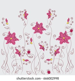 Abstract flowers and ladybugs. Design for greeting cards, logos, posters or banners. Word and abstract flowers and butterflies on a light background.