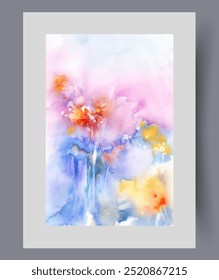 Abstract flowers lawn with flowering plants and bright organic herbs emerging in spring. Watercolor illustration with flowers for magazine about flora or botanicals and floriculture. Wall art, print