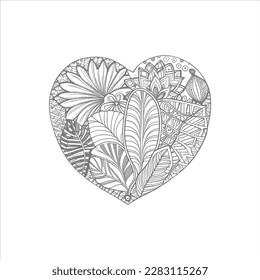 The abstract flowers and leaf in heart shape would be a great design for a coloring book cover.