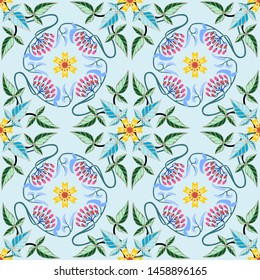 Abstract flowers and leaf seamless pattern background.