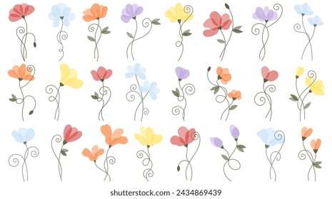 Abstract flowers with leaves, beautiful summer or spring blossoms collection vector illustration. Blooming plants for floral bouquets isolated set on white background. Botanical print elements