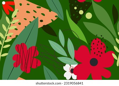 Las flores y hojas abstractas crean un patrón sin fisuras. Banner horizontal de naturaleza moderna. Vector.