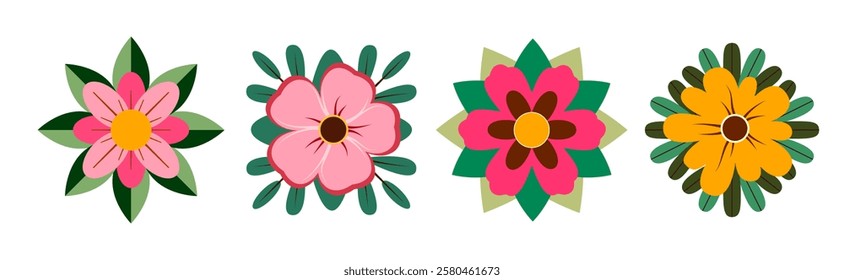 Abstract flowers, leaves, geometric shapes, top view. Spring and summer flora. Botanical elements flat style. Vector illustration on white background