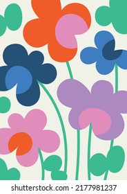 Abstract flowers and leaves. Hand drawn colored. Naive Art, infantile style Art. Colorful trendy illustration.