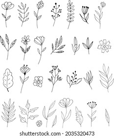 abstract flowers and leaves icon set. hand drawn doodle. vector, scandinavian, nordic, minimalism monochrome plant herbarium