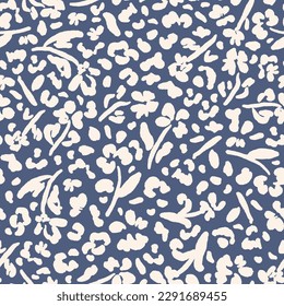 Abstract flowers with leaves and leopard seamless repeat pattern. Random placed, vector spots animal and botany all over surface print on blue background.