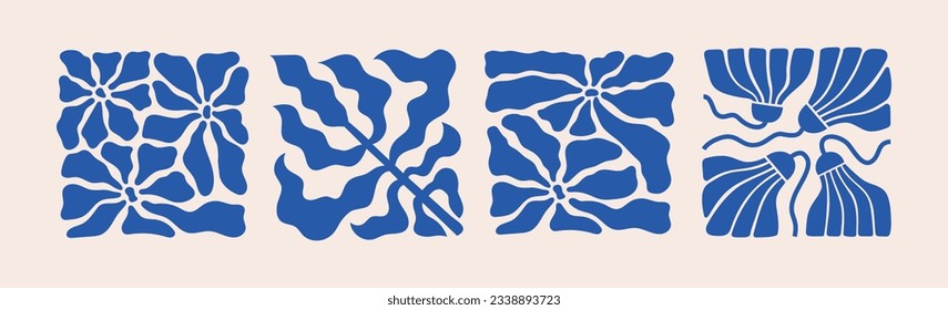 Abstract flowers, leaves minimal posters set. Organic doodle shapes in trendy naive retro style. Contemporary botanical blue color vector backgrounds.