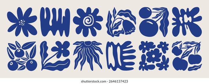 Abstract flowers, leaves minimal posters set. Modern floral botanical decorative prints, contemporary naive simple plant fruits corals shapes. Vector collection.