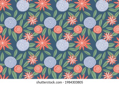 abstract flowers and leaves on blue background vector seamless pattern