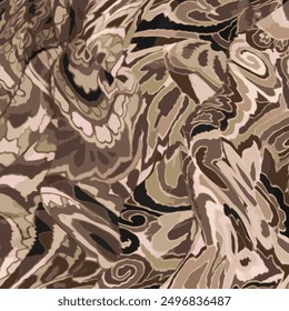 Abstract flowers and leaves pattern. Animal skin brown tones textile fashion style. Watercolor and digital hand drawn painting. Mixed media art. Background for textile decor and design