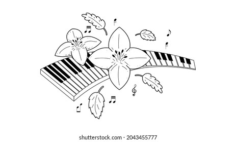 Abstract Flowers Leaves With Piano Keys Notes Music Keyboard Instrument Doodle Outline Melt Song Melody Vector Design Style