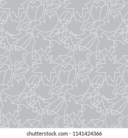 Abstract flowers and leaves seamless pattern. White doodle floral  elements on gray background. Cute simple summer monochrome design for textile print, wallpaper, wrapping paper. Vector illustration.
