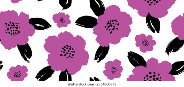 abstract Flowers and leaves seamless pattern on white background. 