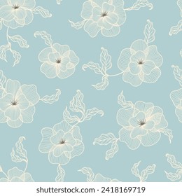 Abstract Flowers with Leaves Seamless Pattern. Light Blue Vintage Floral Wallpaper. Vector illustration