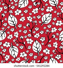 Abstract flowers and leaves seamless pattern, vector background. Black and white flowers and leaves on a red background. Hand drawing for design of wallpaper, fabric, wrap, decoration