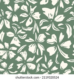 Abstract flowers with leaves seamless repeat pattern. Random placed, vector floral elements all over print on sage green background.