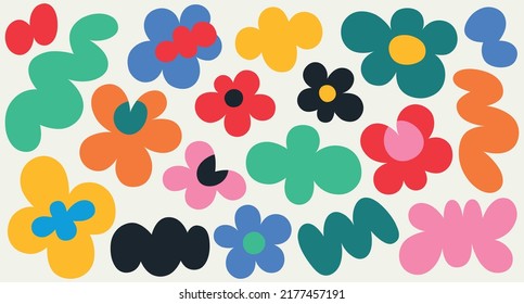 Abstract flowers and leaves set. Hand drawn colored. Naive Art, infantile style Art. Colorful trendy collection. Vector illustration.