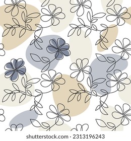 Abstract flowers leaves shapes vector seamless pattern. Outline floral illustration. Botanical backdrop. Line continuous wallpaper, graphic background, fabric, textile, minimal print, package design.