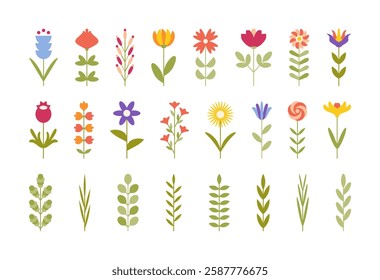 Abstract Flowers and Leaves from simple geometric shapes set. Spring and summer floral decoration in flat style. Botanical elements for poster cover banner card. Bright plant icons collection