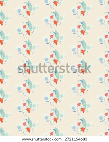 Abstract flowers, leaves and unusual elements on light beige background in vector pattern.