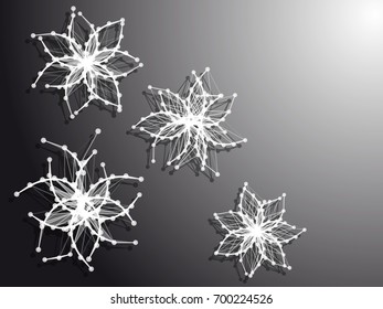 Abstract flowers from line and dot. Black modern background. 