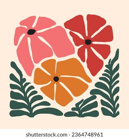 Abstract flowers and love shape poster. Organic drawing shapes matisse style, naive art, contemporary backgrounds. Heart vector illustration