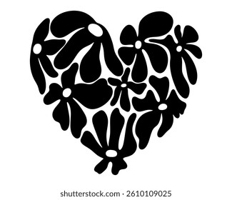 Abstract flowers and love shape poster. Organic drawing shapes matisse style, naive art. Heart vector illustration