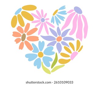 Abstract flowers and love shape poster. Organic drawing shapes matisse style, naive art. Heart vector illustration