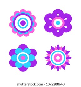 Abstract flowers made of geometric figures and dots, vector illustration of springtime blossom in cartoon style, childish blooming elements isolated