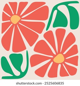 Abstract flowers in matisse style. retro hand drawn illustration. groovy colors