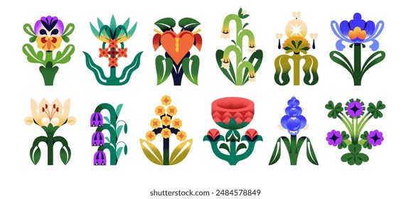 Abstract flowers in modern style set. Stylized wildflowers with twisted, geometric shapes of leaves. Whimsical garden and wild bloom plants. Flat isolated vector illustrations on white background