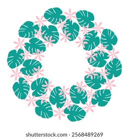 Abstract flowers and Monstera leaves Summertime Circular frame border. Tropical Copy space Template