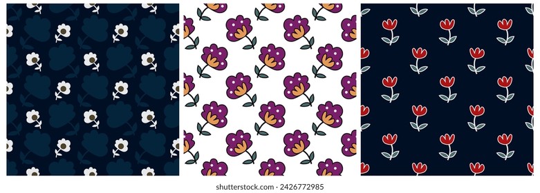 Abstract flowers motif pattern seamless backgrounds set cute small flower shape graphic floral wallpaper, minimalist textile fabric design. Wrapping, packaging cartoon style all over print block. svg