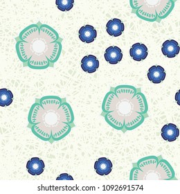 Abstract flowers on a background of abstract grass. Seamless editable pattern.