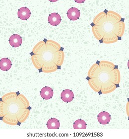 Abstract flowers on a background of abstract grass. Seamless editable pattern.