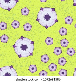 Abstract flowers on a background of abstract grass. Seamless editable pattern.