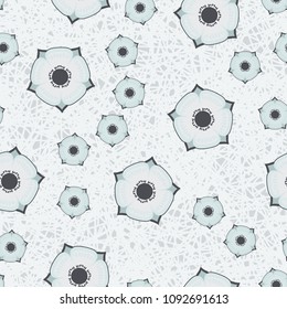 Abstract flowers on a background of abstract grass. Seamless editable pattern.