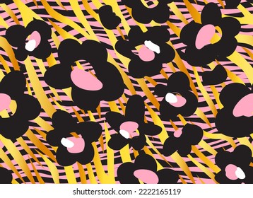  Flores abstractas sobre un fondo de rayas. Patrón de vectores sin fisuras para la impresión en tela y papel.