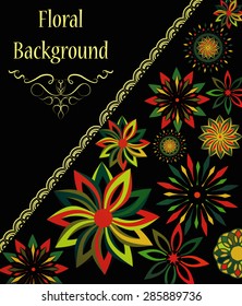 Abstract flowers on a black background. Vintage card design