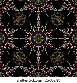 Abstract flowers on a black background. Vector stylish ornament. Damask seamless floral pattern in beige, blue and yellow colors. Royal wallpaper.