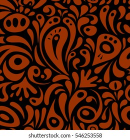 Abstract flowers on a black background. Royal wallpaper. Vector stylish ornament. Damask seamless floral pattern in brown colors.