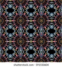 Abstract flowers on a black background. Vector stylish ornament. Damask seamless floral pattern in blue, pink and gray colors. Royal wallpaper.