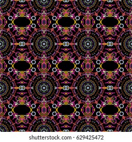 Abstract flowers on a black background. Vector stylish ornament. Damask seamless floral pattern in brown and blue colors. Royal wallpaper.