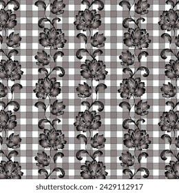 Abstract flowers on a checkered background.Vector seamless pattern with an ornament of abstract flowers on a checkered background.