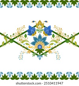 Abstract flowers on green latticework on a white background.