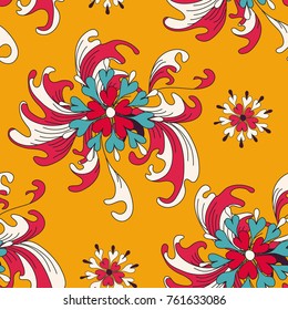 abstract flowers on an orange background seamless pattern