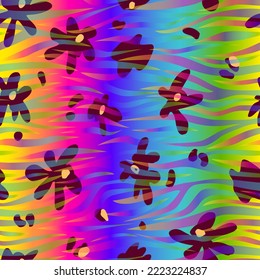  Abstract flowers on a rainbow stripes and rainbow background. Vector seamless pattern for printing on fabric and paper.