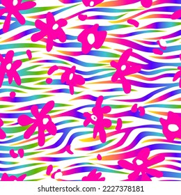  Abstract flowers on a rainbow zebra stripes background. Vector seamless pattern for printing on fabric and paper.